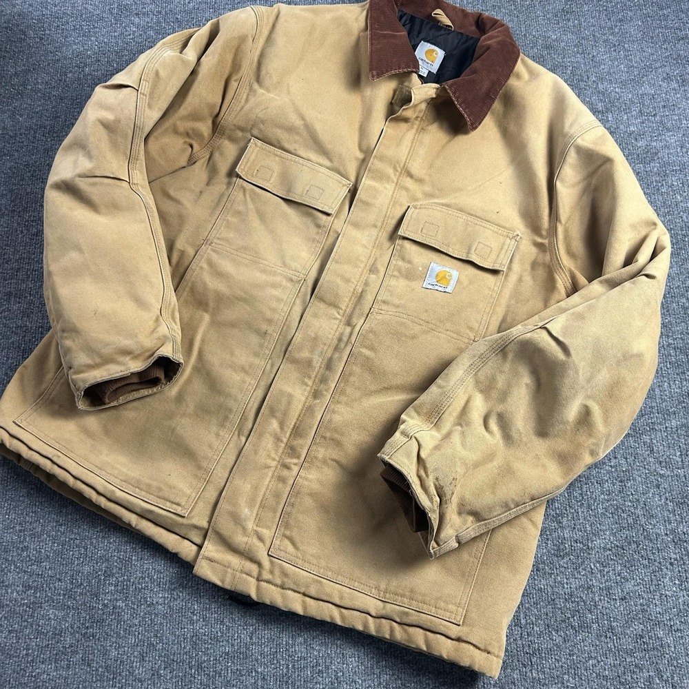 Carhartt Duck Coat Mens XL Brown Canvas Workwear Quilt Lined Insulated C003